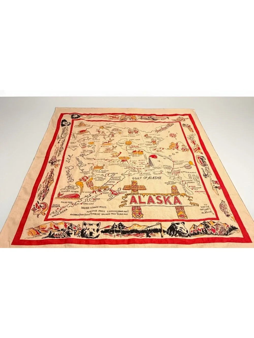 Vintage Alaska Souvenir State Map Tablecloth Wall Hanging 47x48 Linen